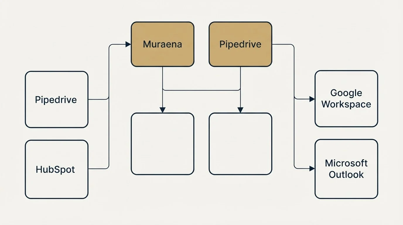 Integration grid: Integration Ecosystem (Muraena, Pipedrive, Google Workspace, HubSpot)