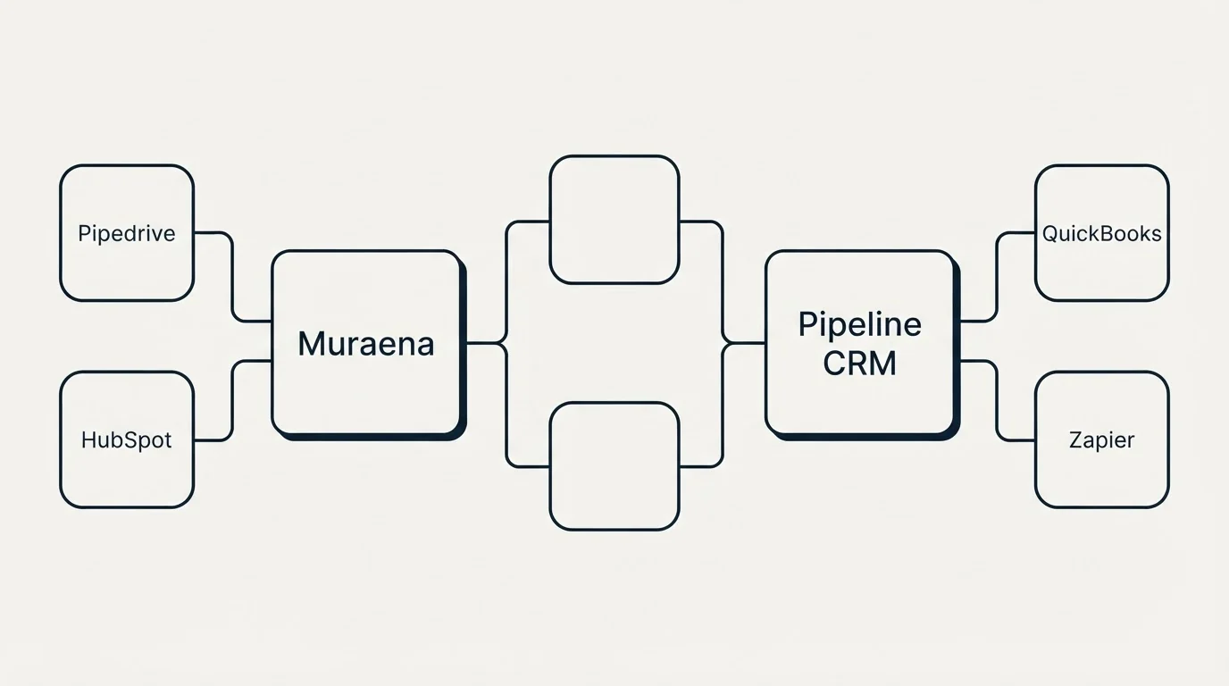 Integration flow: Integration Ecosystem (Muraena, Pipeline CRM, Pipedrive, QuickBooks)