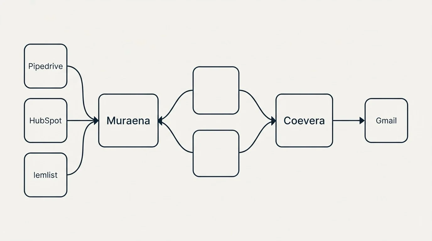 Integration schematic: Integration Ecosystem (Muraena, Coevera, Pipedrive, Gmail)