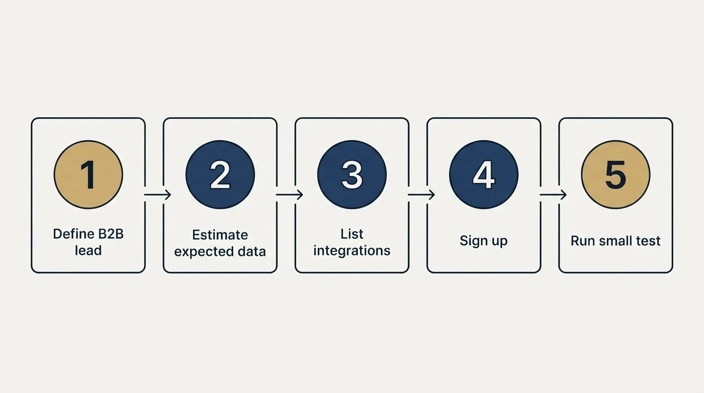 Step sequence: Getting Started Checklist (Define B2B lead, Estimate expected data, List integrations, Sign up)