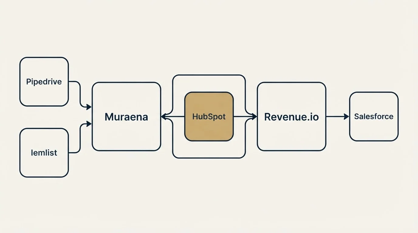 Integration schematic: Integration Ecosystem (Muraena, Revenue.io, HubSpot, Pipedrive)
