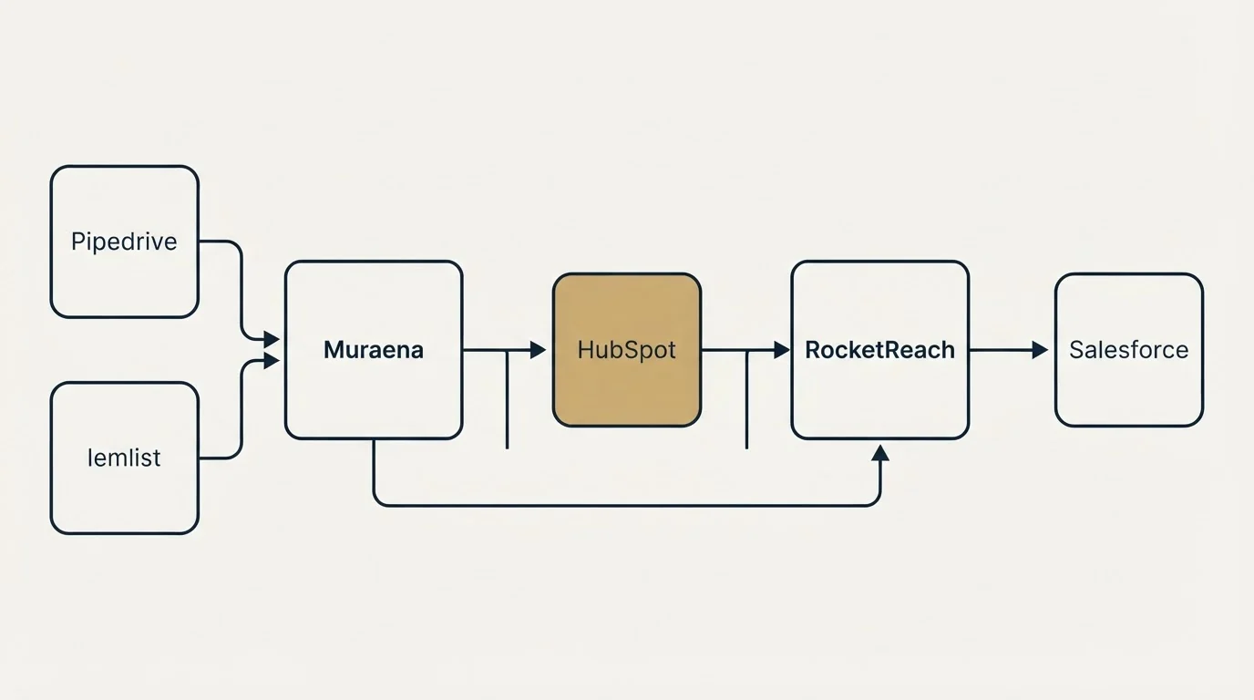 Integration schematic: Integration Ecosystem (Muraena, RocketReach, HubSpot, Pipedrive)