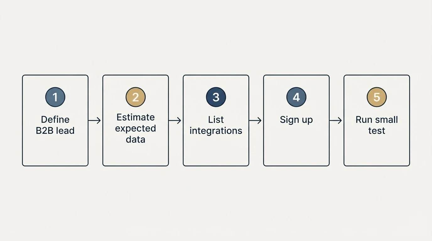 Step sequence: Getting Started Checklist (Define B2B lead, Estimate expected data, List integrations, Sign up)