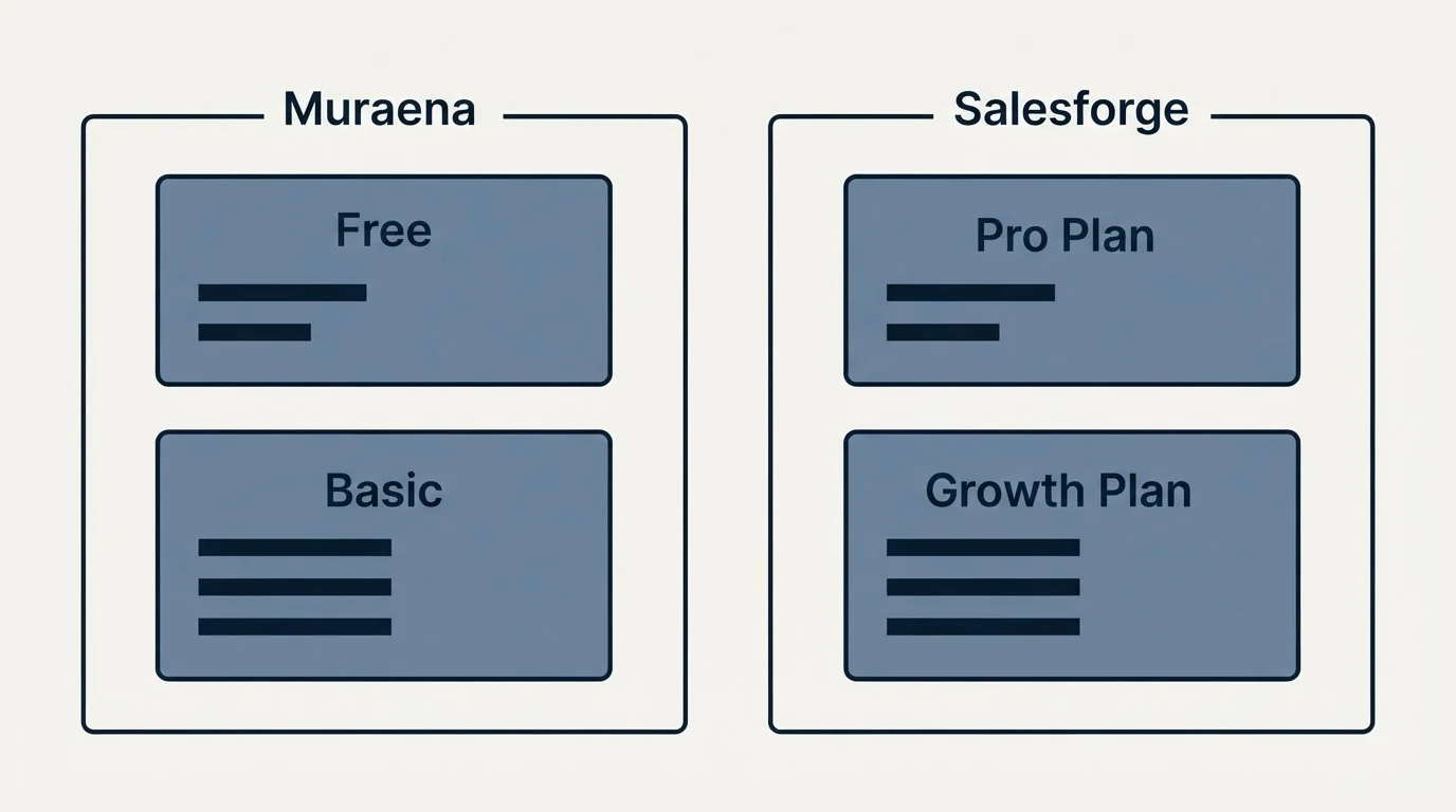 Pricing panels: Pricing Comparison (Muraena, Salesforge, Free, Pro Plan)