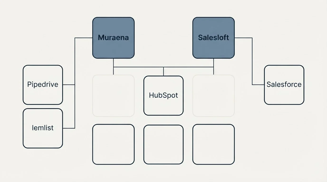 Integration grid: Integration Ecosystem (Muraena, Salesloft, HubSpot, Pipedrive)
