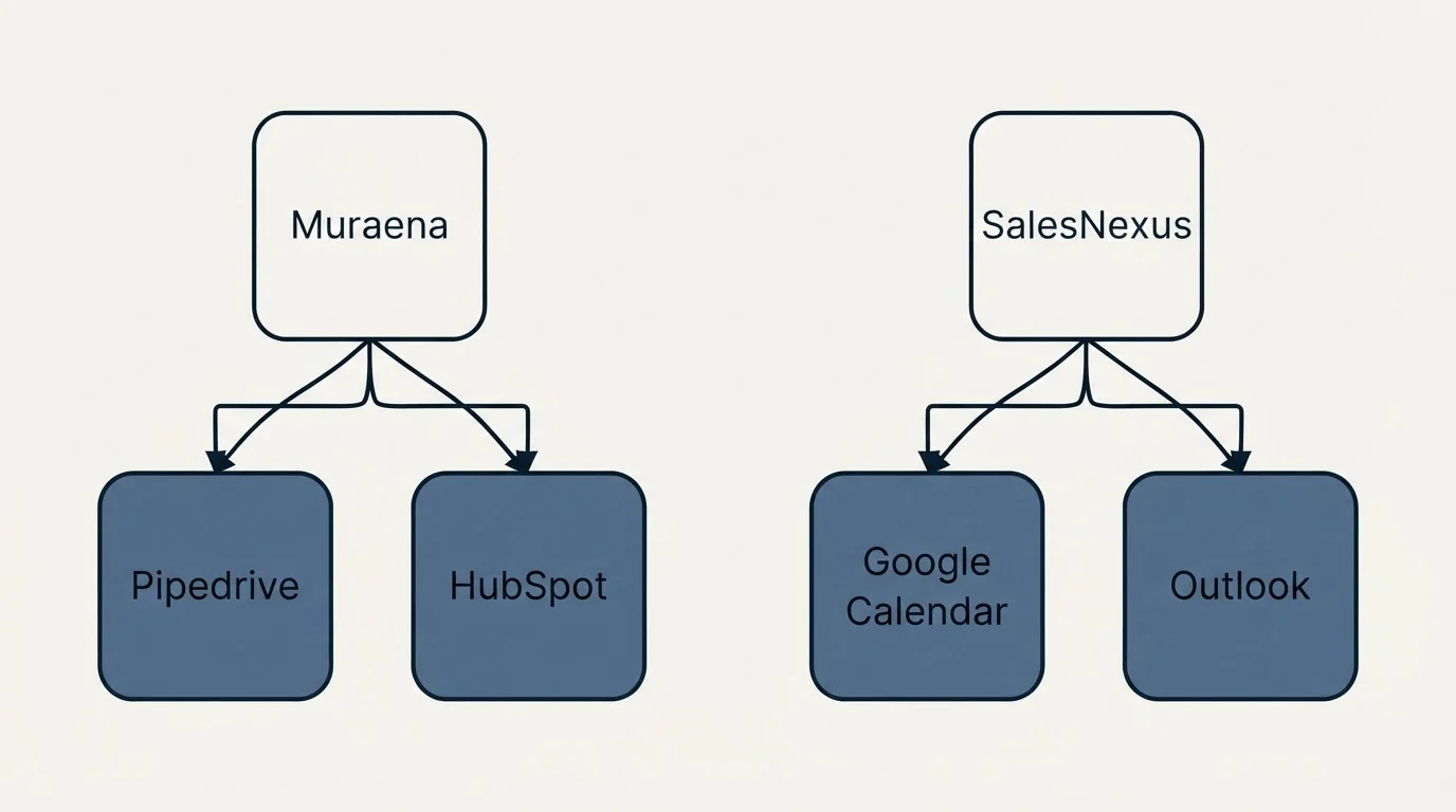 Integration grid: Integration Ecosystem (Muraena, SalesNexus, Pipedrive, Google Calendar)