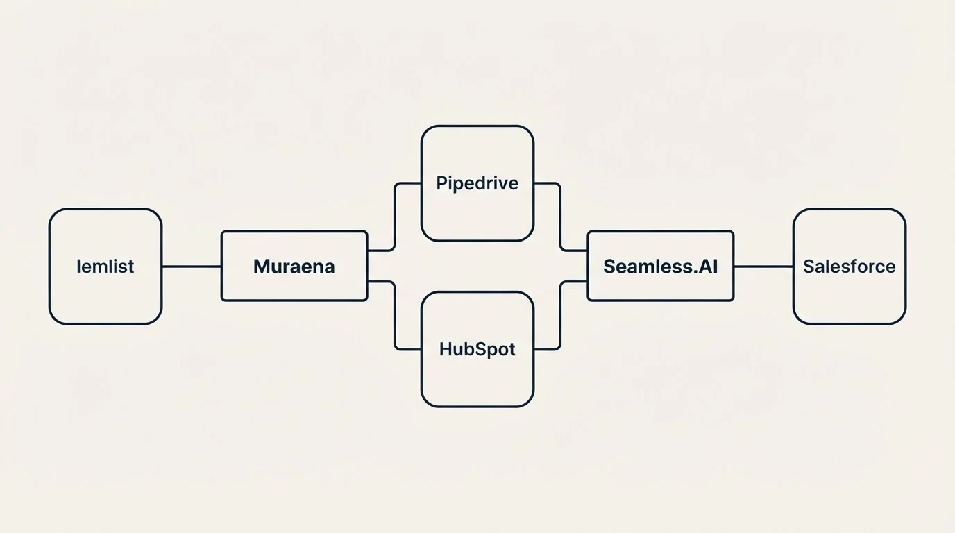 Integration flow: Integration Ecosystem (Muraena, Seamless.AI, Pipedrive, HubSpot)
