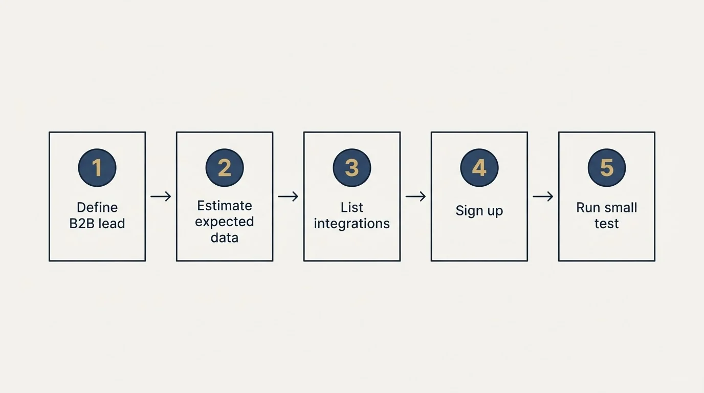 Step sequence: Getting Started Checklist (Define B2B lead, Estimate expected data, List integrations, Sign up)