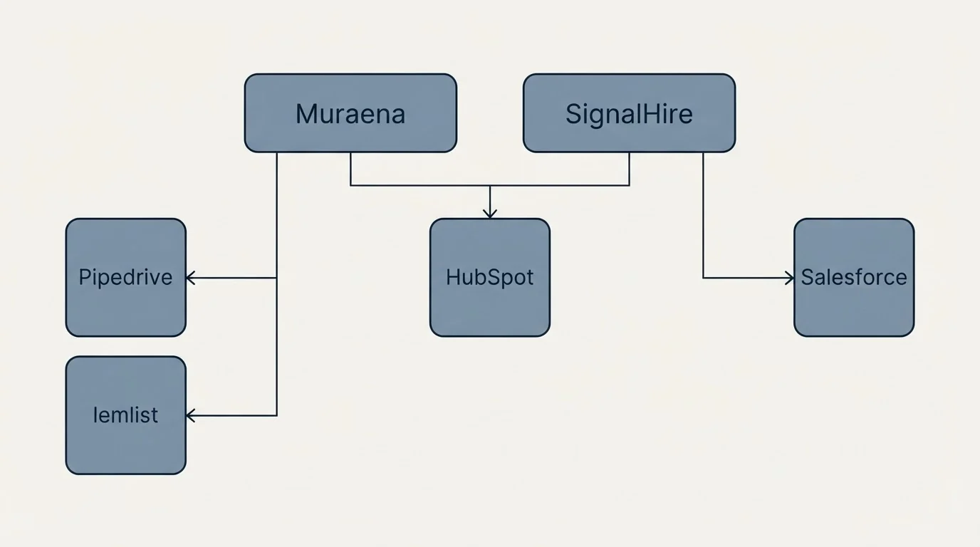 Integration grid: Integration Ecosystem (Muraena, SignalHire, HubSpot, Pipedrive)