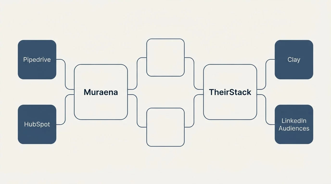 Integration schematic: Integration Ecosystem (Muraena, TheirStack, Pipedrive, Clay)