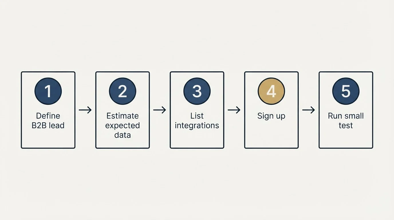 Step sequence: Getting Started Checklist (Define B2B lead, Estimate expected data, List integrations, Sign up)