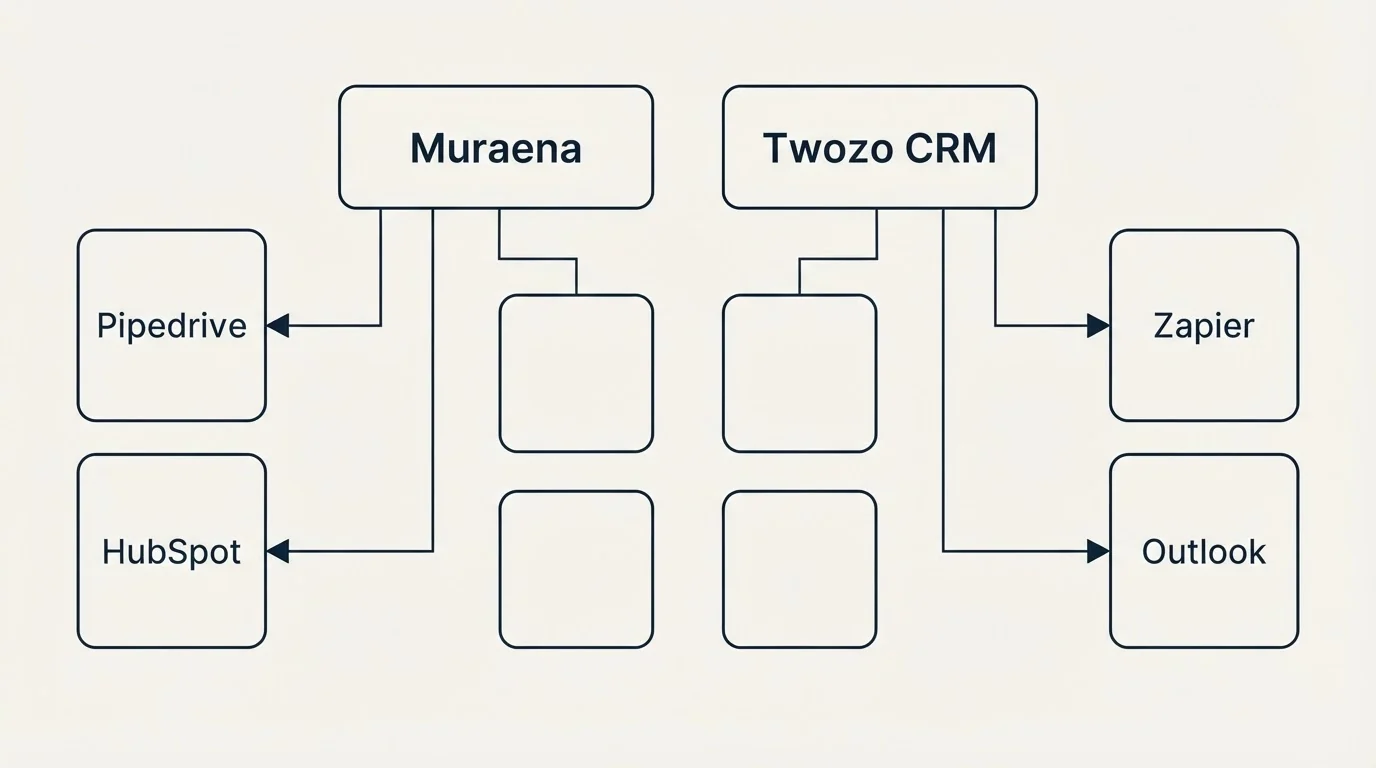 Integration grid: Integration Ecosystem (Muraena, Twozo CRM, Pipedrive, Zapier)