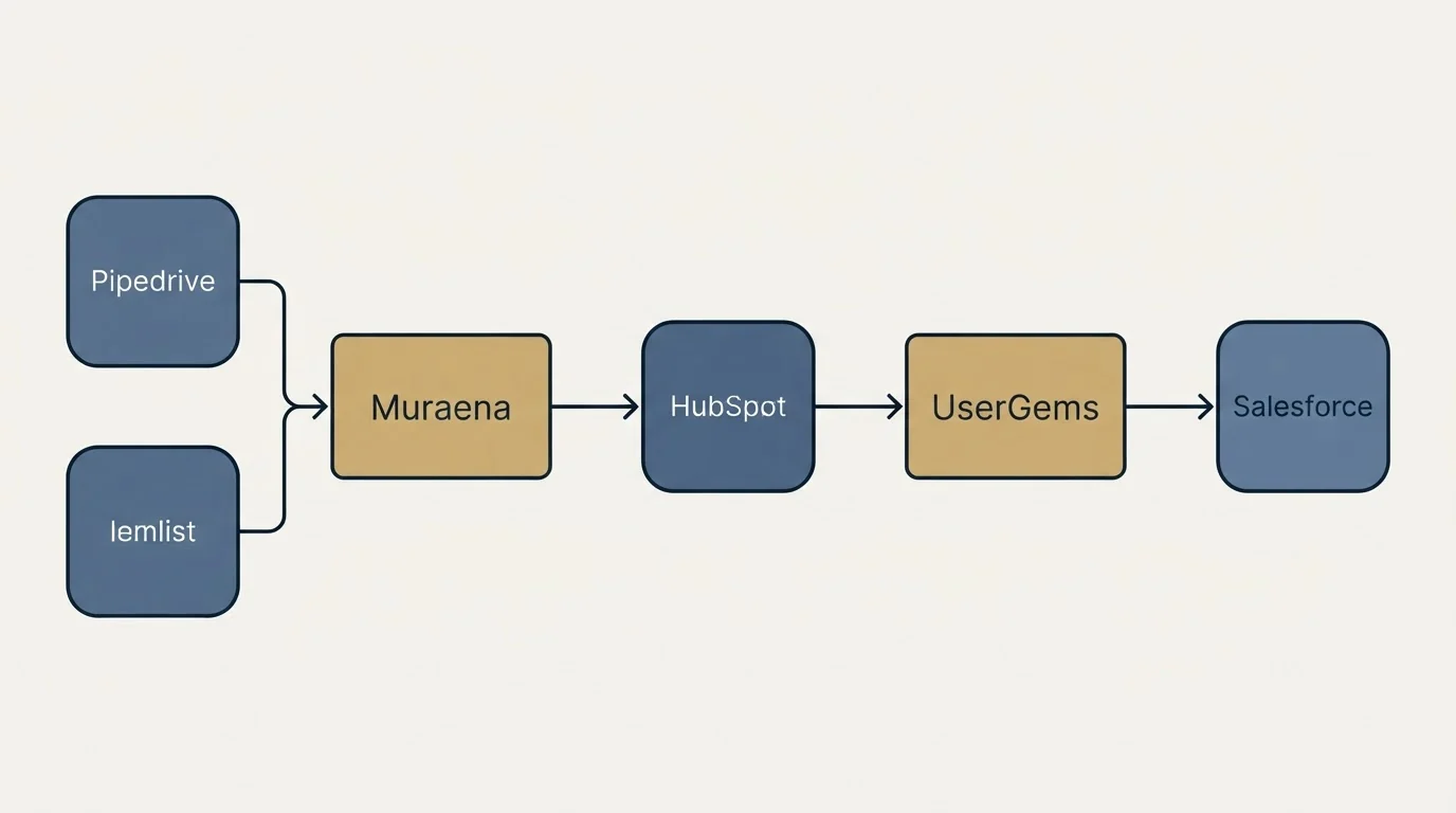 Integration schematic: Integration Ecosystem (Muraena, UserGems, HubSpot, Pipedrive)