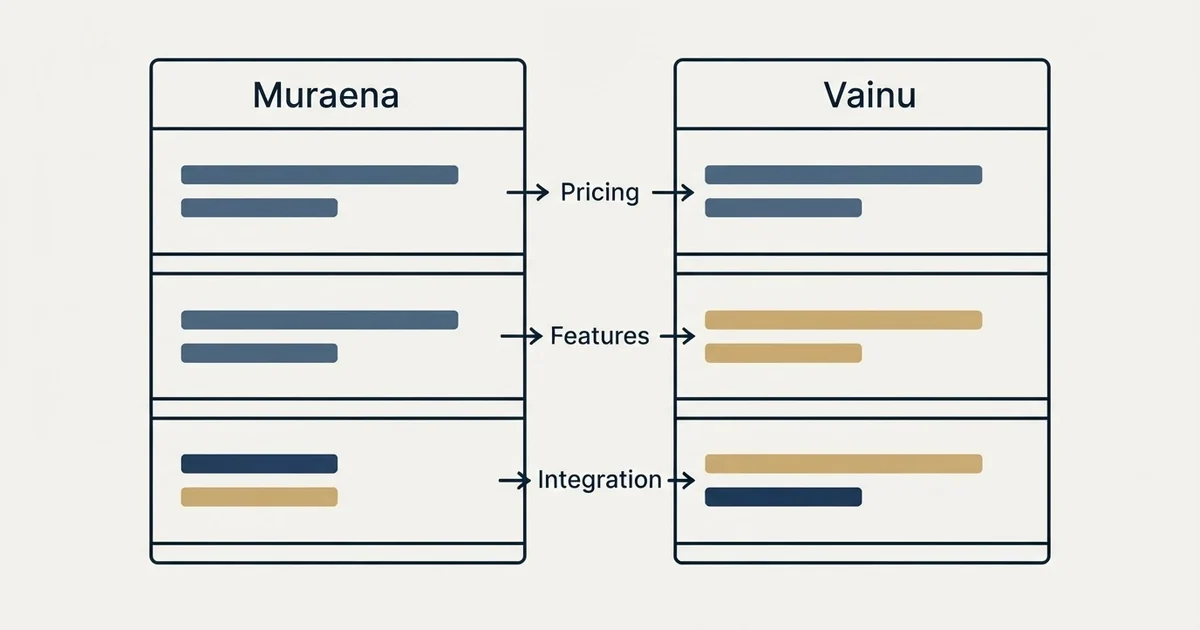 Comparison panel: Muraena vs Vainu (Pricing, Features, Integration)