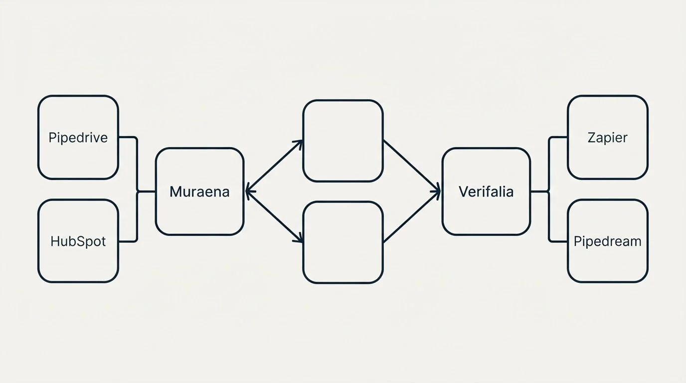 Integration schematic: Integration Ecosystem (Muraena, Verifalia, Pipedrive, Zapier)