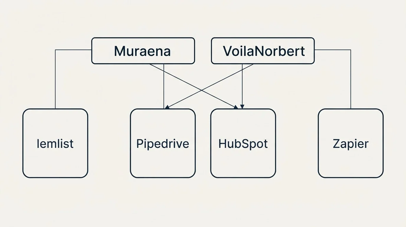 Integration grid: Integration Ecosystem (Muraena, VoilaNorbert, Pipedrive, HubSpot)