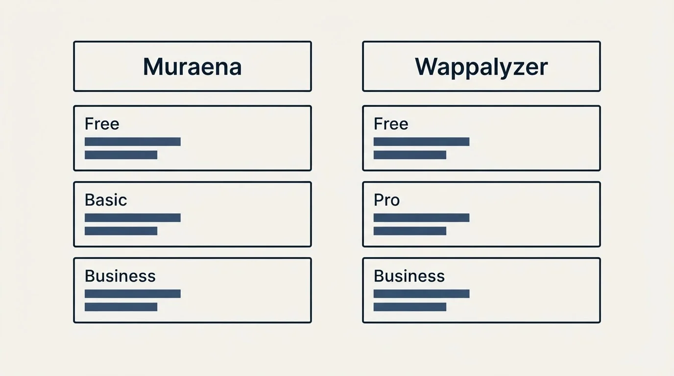 Pricing table: Pricing Comparison (Muraena, Wappalyzer, Free, Basic)