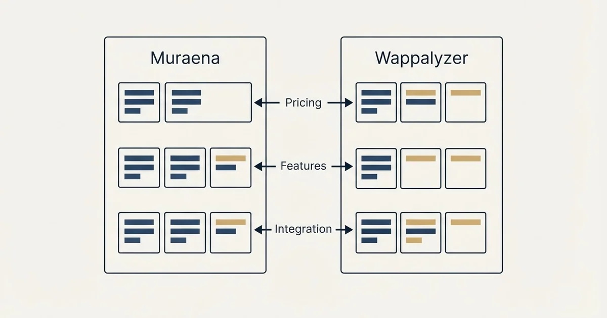 Comparison panel: Muraena vs Wappalyzer (Pricing, Features, Integration)