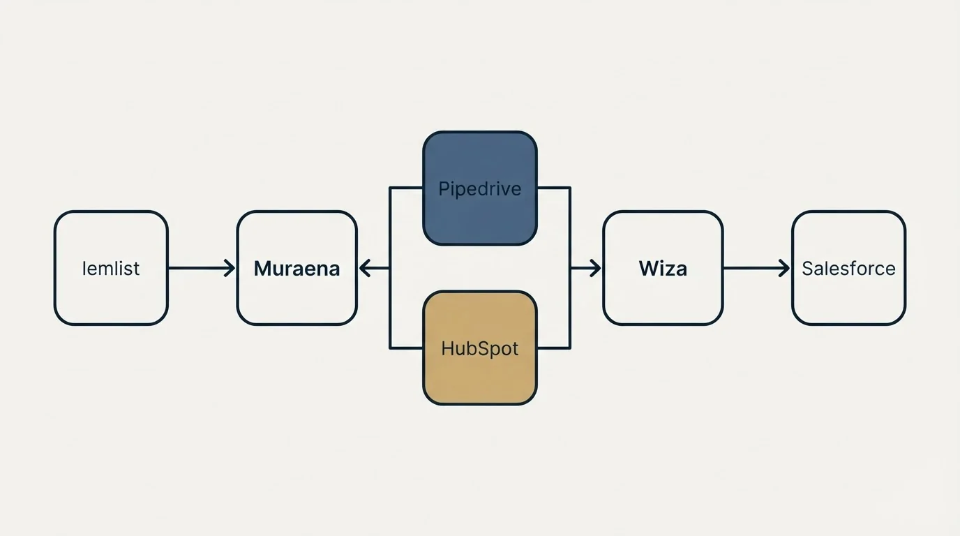 Integration flow: Integration Ecosystem (Muraena, Wiza, Pipedrive, HubSpot)