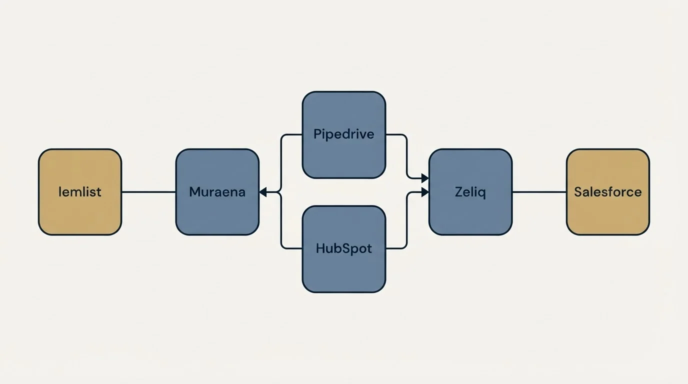 Integration flow: Integration Ecosystem (Muraena, Zeliq, Pipedrive, HubSpot)