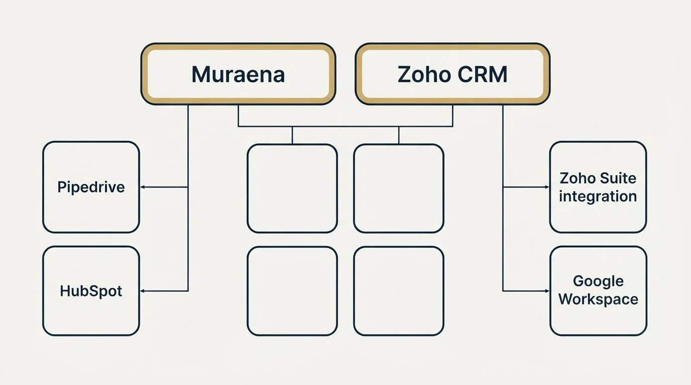 Integration grid: Integration Ecosystem (Muraena, Zoho CRM, Pipedrive, Zoho Suite integration)