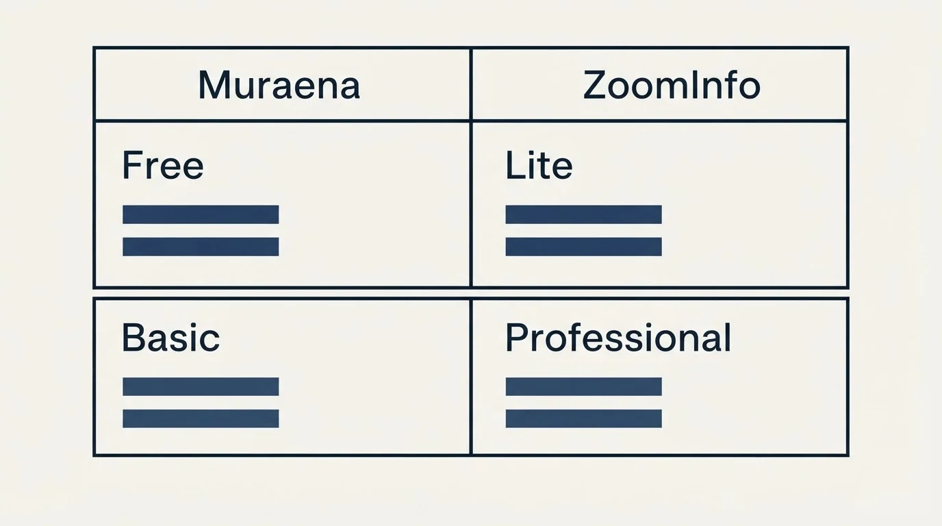 Pricing table: Pricing Comparison (Muraena, ZoomInfo, Free, Lite)