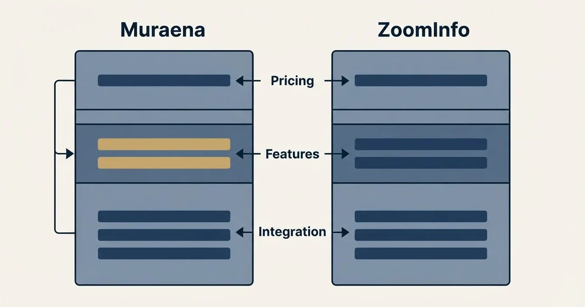 Comparison panel: Muraena vs ZoomInfo (Pricing, Features, Integration)