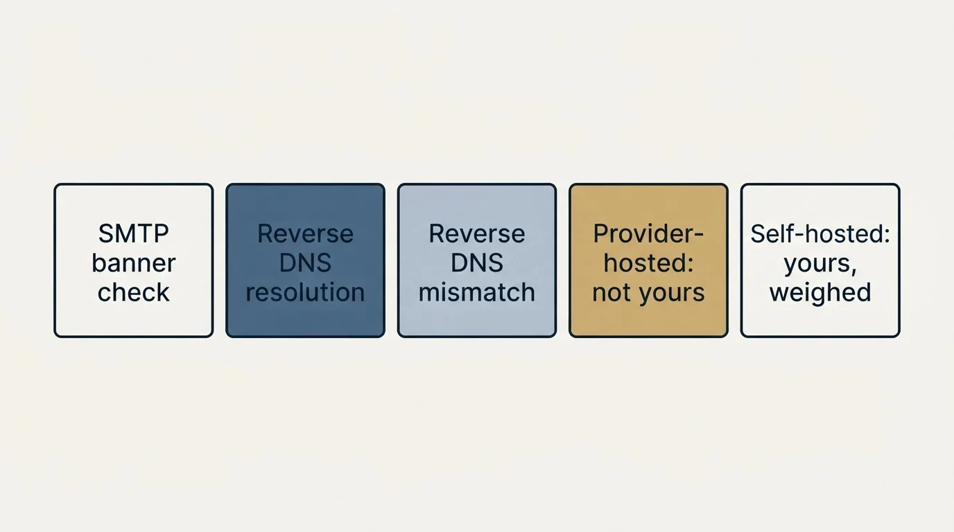 Schematic: The identity checks (SMTP banner check, Reverse DNS resolution, Reverse DNS mismatch, Provider-hosted: not yours)