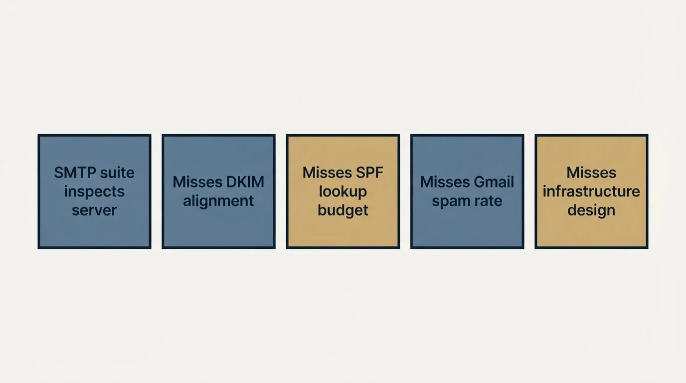 Schematic: What MXToolbox will not tell you (SMTP suite inspects server, Misses DKIM alignment, Misses SPF lookup budget, Misses Gmail spam rate)