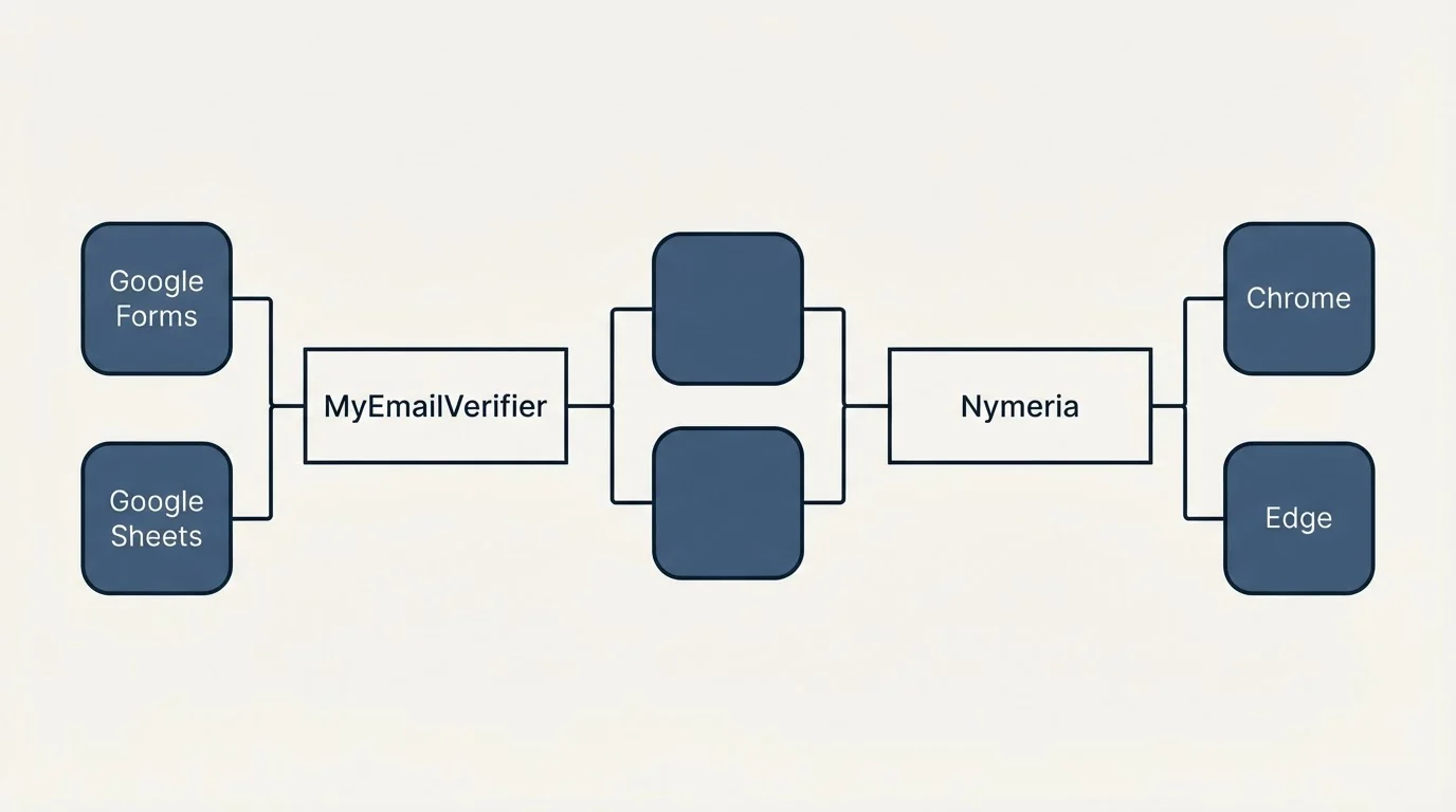 Integration schematic: Integration Ecosystem (MyEmailVerifier, Nymeria, Google Forms, Chrome)