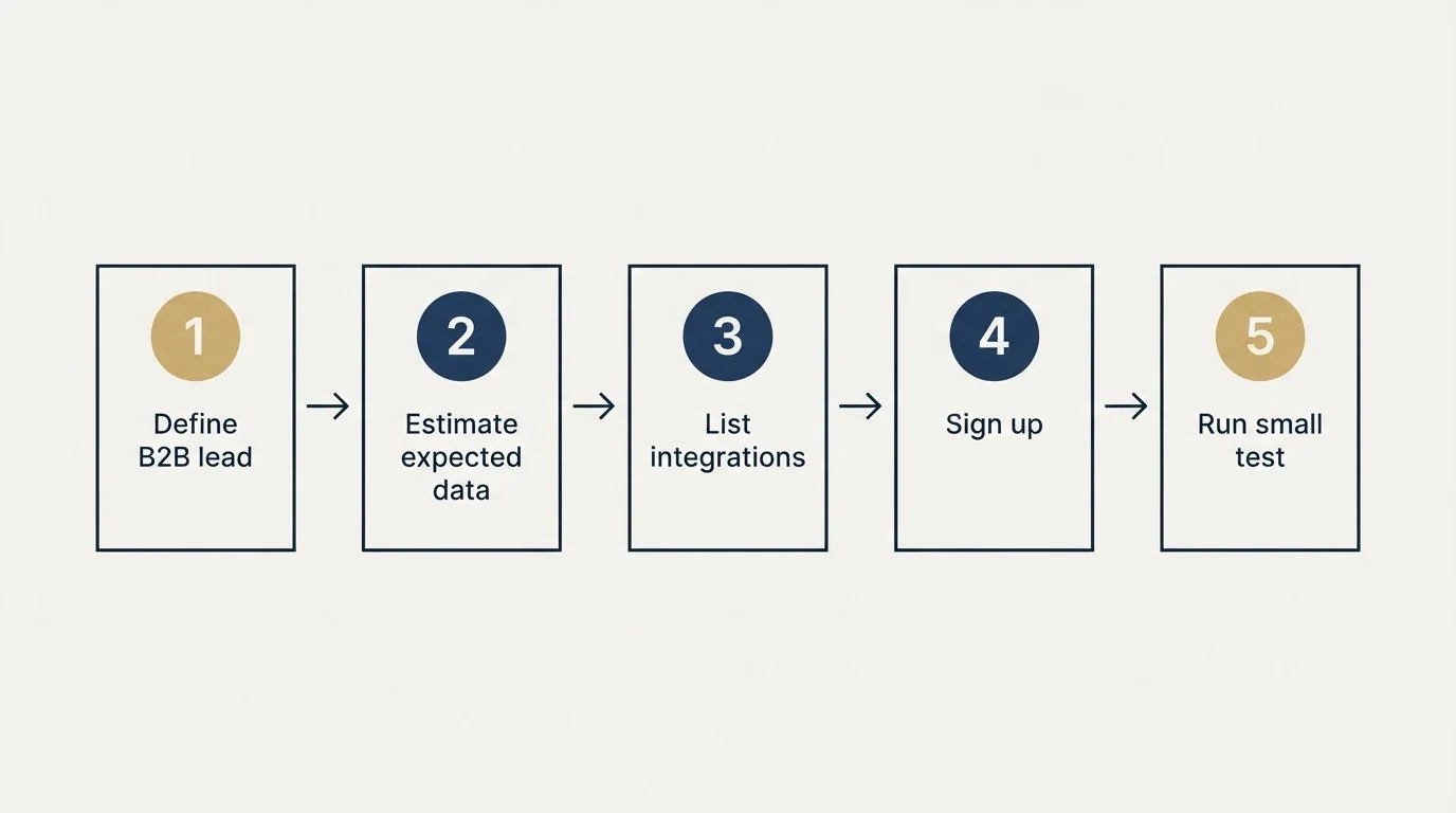 Step sequence: Getting Started Checklist (Define B2B lead, Estimate expected data, List integrations, Sign up)