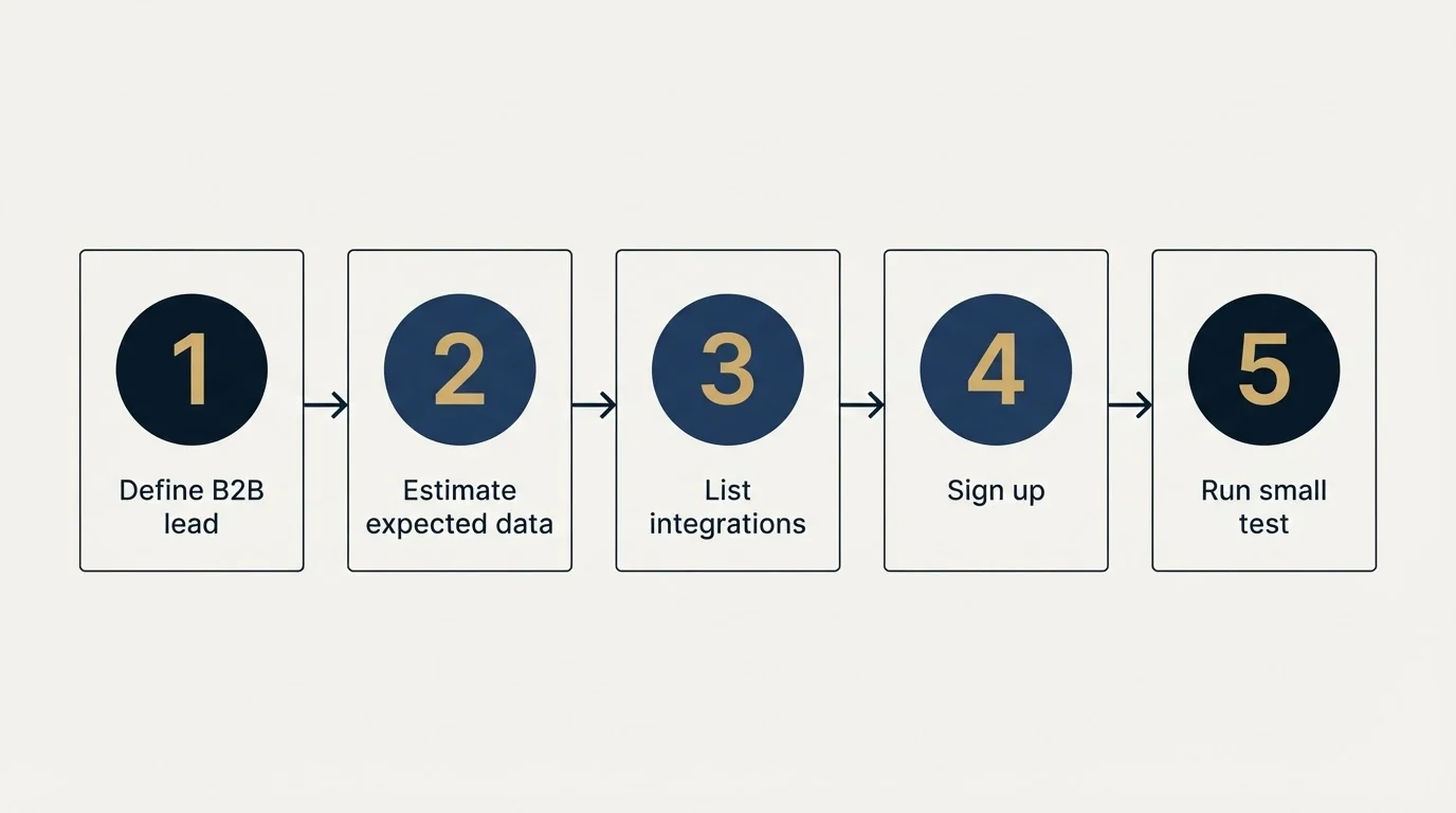Step sequence: Getting Started Checklist (Define B2B lead, Estimate expected data, List integrations, Sign up)