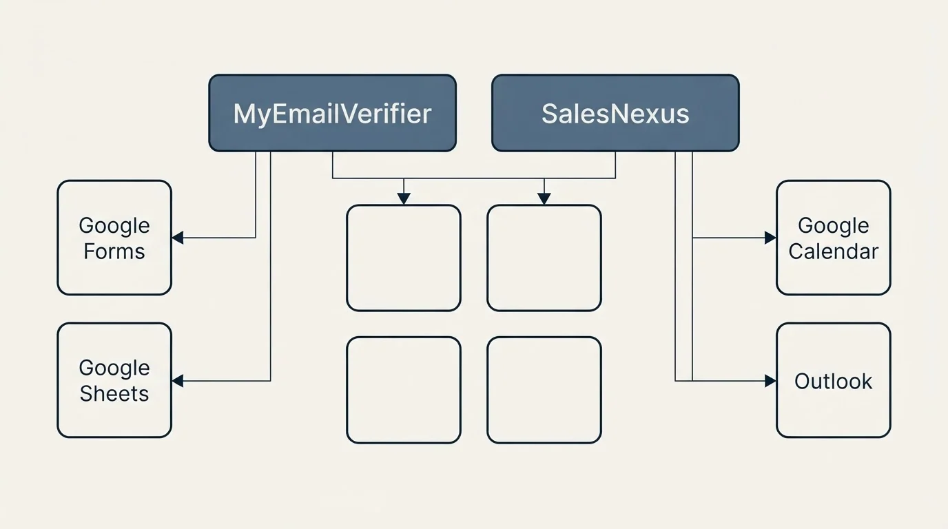 Integration grid: Integration Ecosystem (MyEmailVerifier, SalesNexus, Google Forms, Google Calendar)