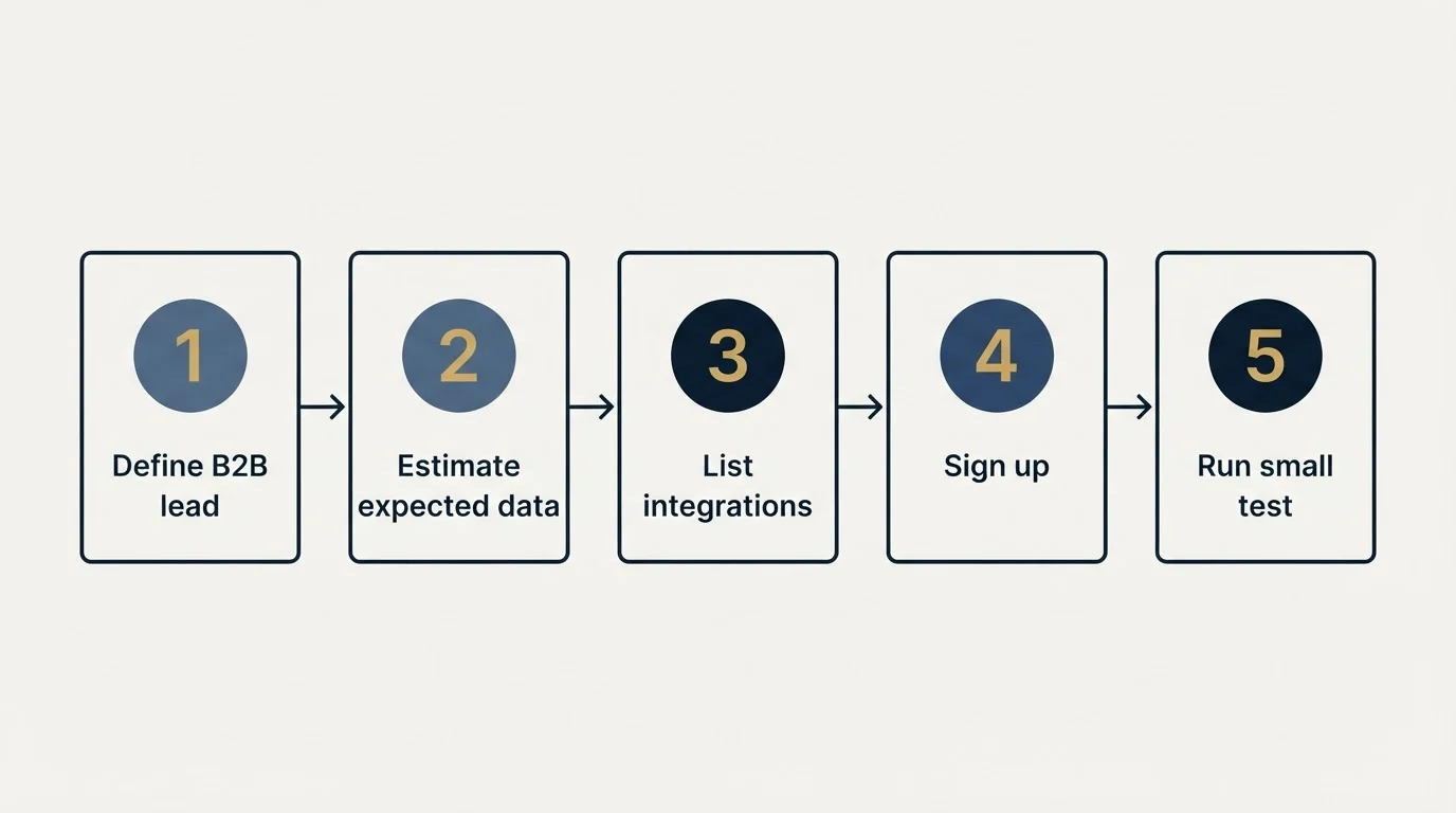 Step sequence: Getting Started Checklist (Define B2B lead, Estimate expected data, List integrations, Sign up)