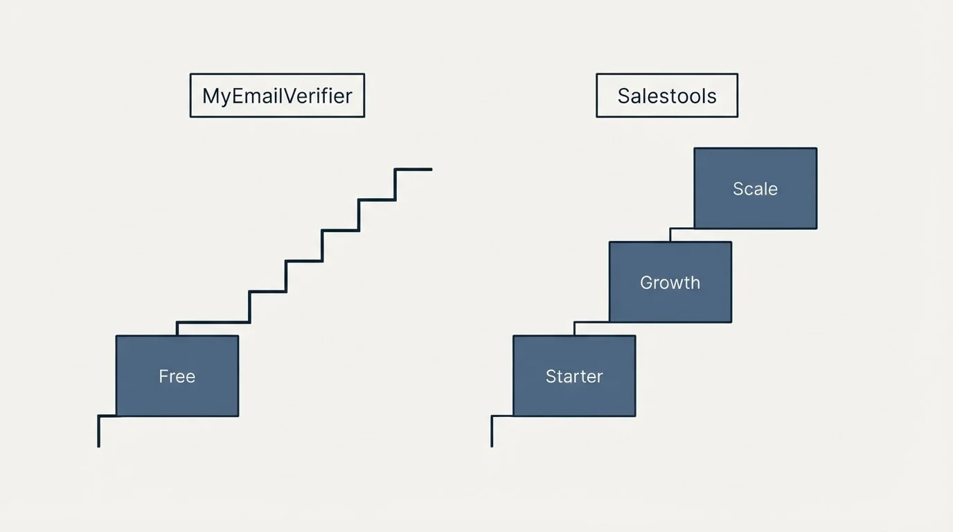 Pricing ladder: Pricing Comparison (MyEmailVerifier, Salestools, Free, Starter)