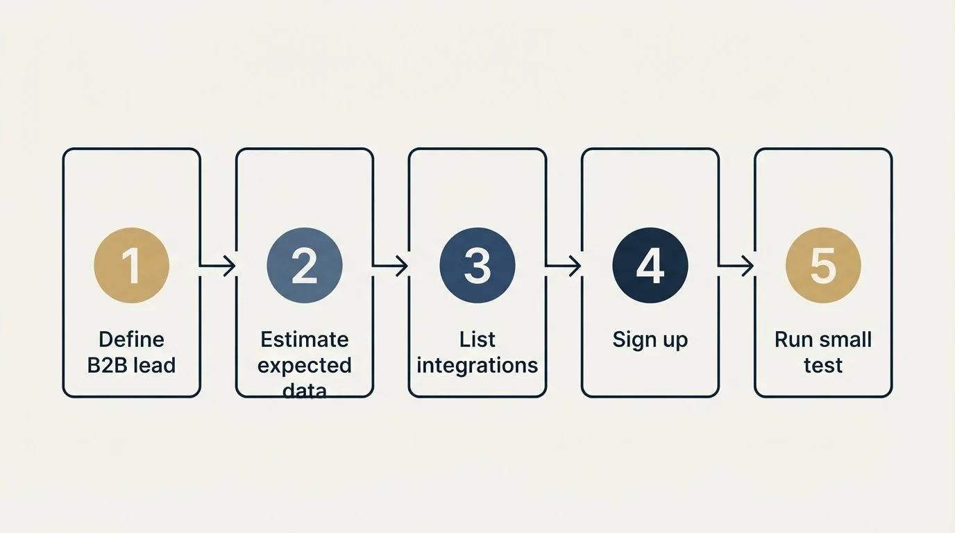 Step sequence: Getting Started Checklist (Define B2B lead, Estimate expected data, List integrations, Sign up)