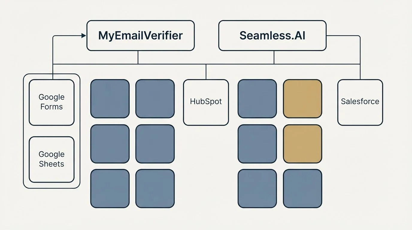 Integration grid: Integration Ecosystem (MyEmailVerifier, Seamless.AI, HubSpot, Google Forms)