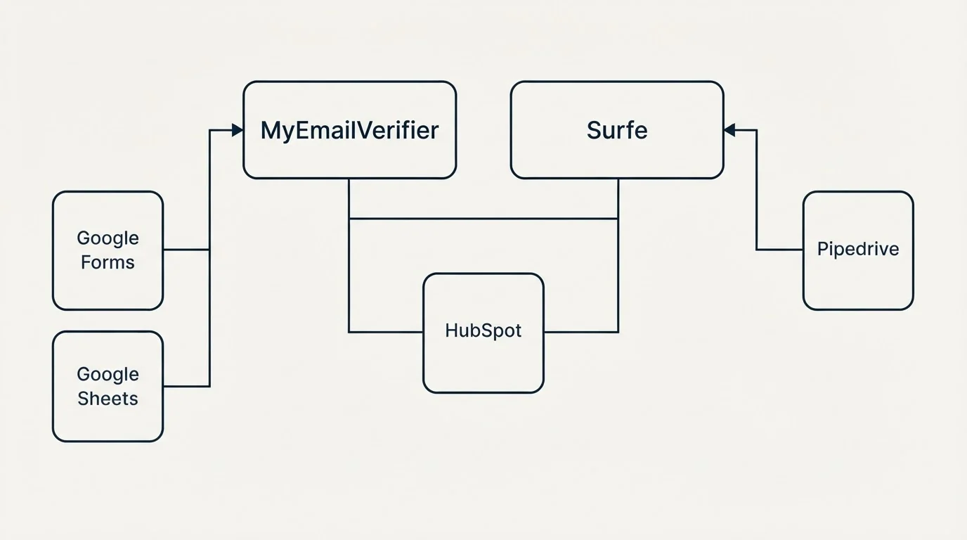 Integration grid: Integration Ecosystem (MyEmailVerifier, Surfe, HubSpot, Google Forms)