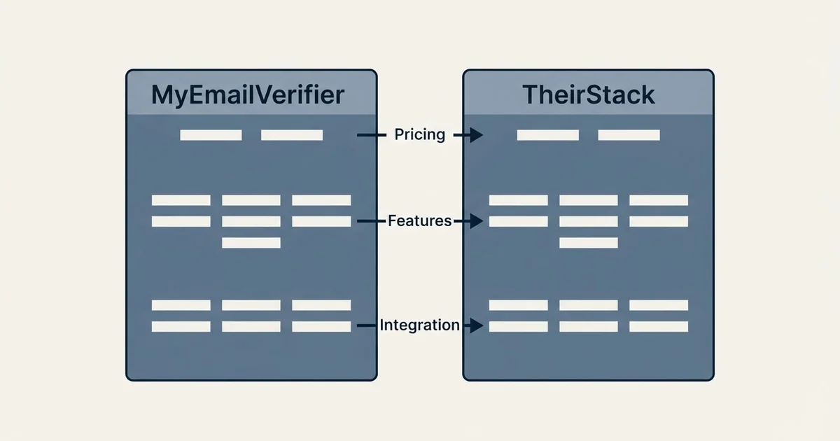 Comparison panel: MyEmailVerifier vs TheirStack (Pricing, Features, Integration)