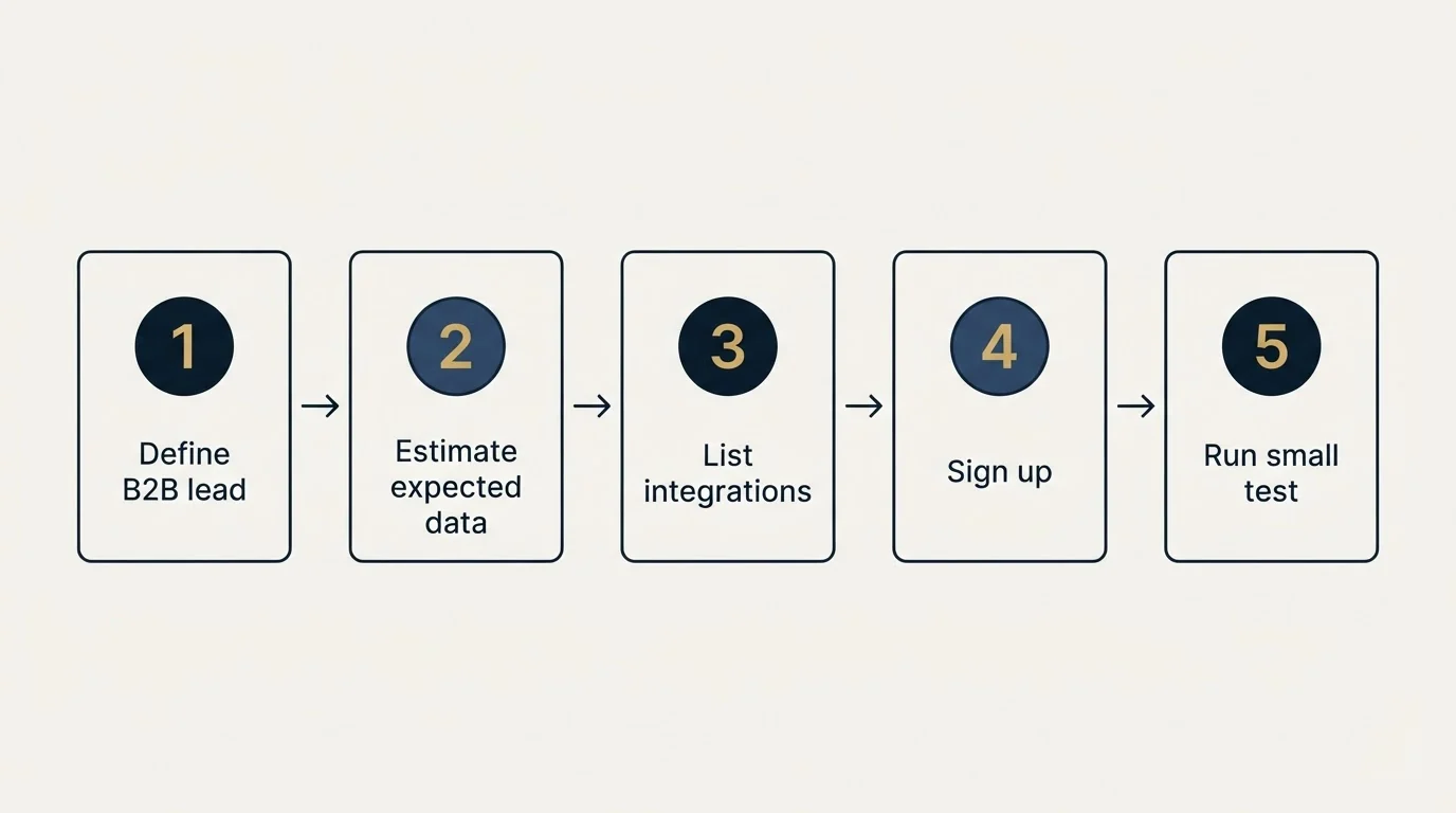 Step sequence: Getting Started Checklist (Define B2B lead, Estimate expected data, List integrations, Sign up)