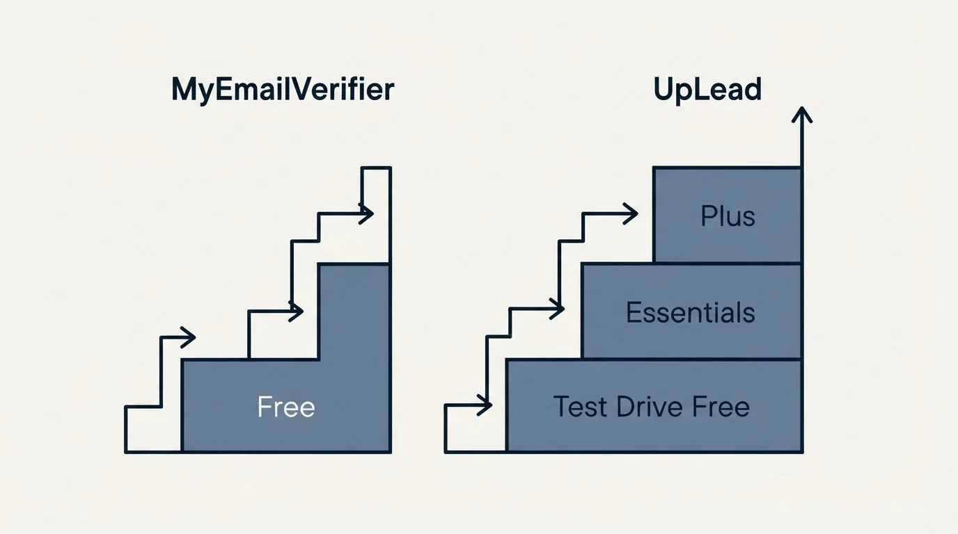 Pricing ladder: Pricing Comparison (MyEmailVerifier, UpLead, Free, Test Drive Free)