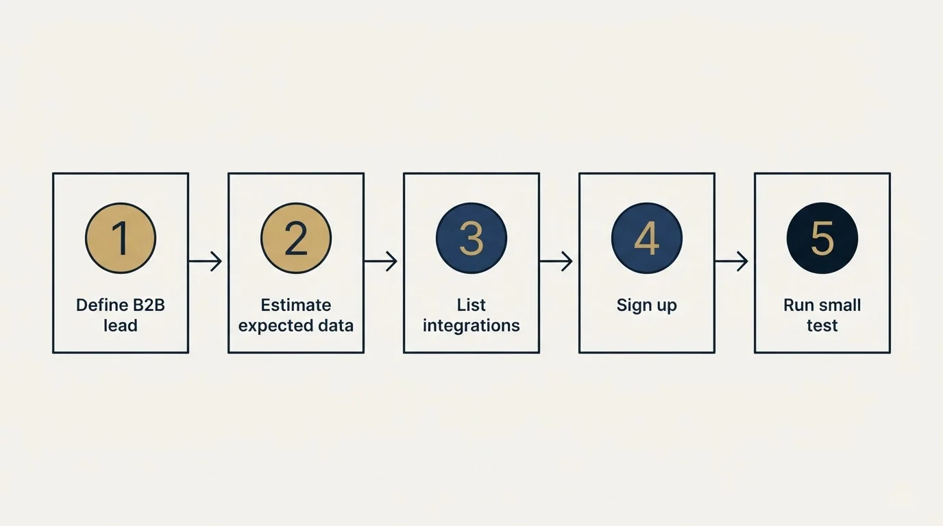 Step sequence: Getting Started Checklist (Define B2B lead, Estimate expected data, List integrations, Sign up)