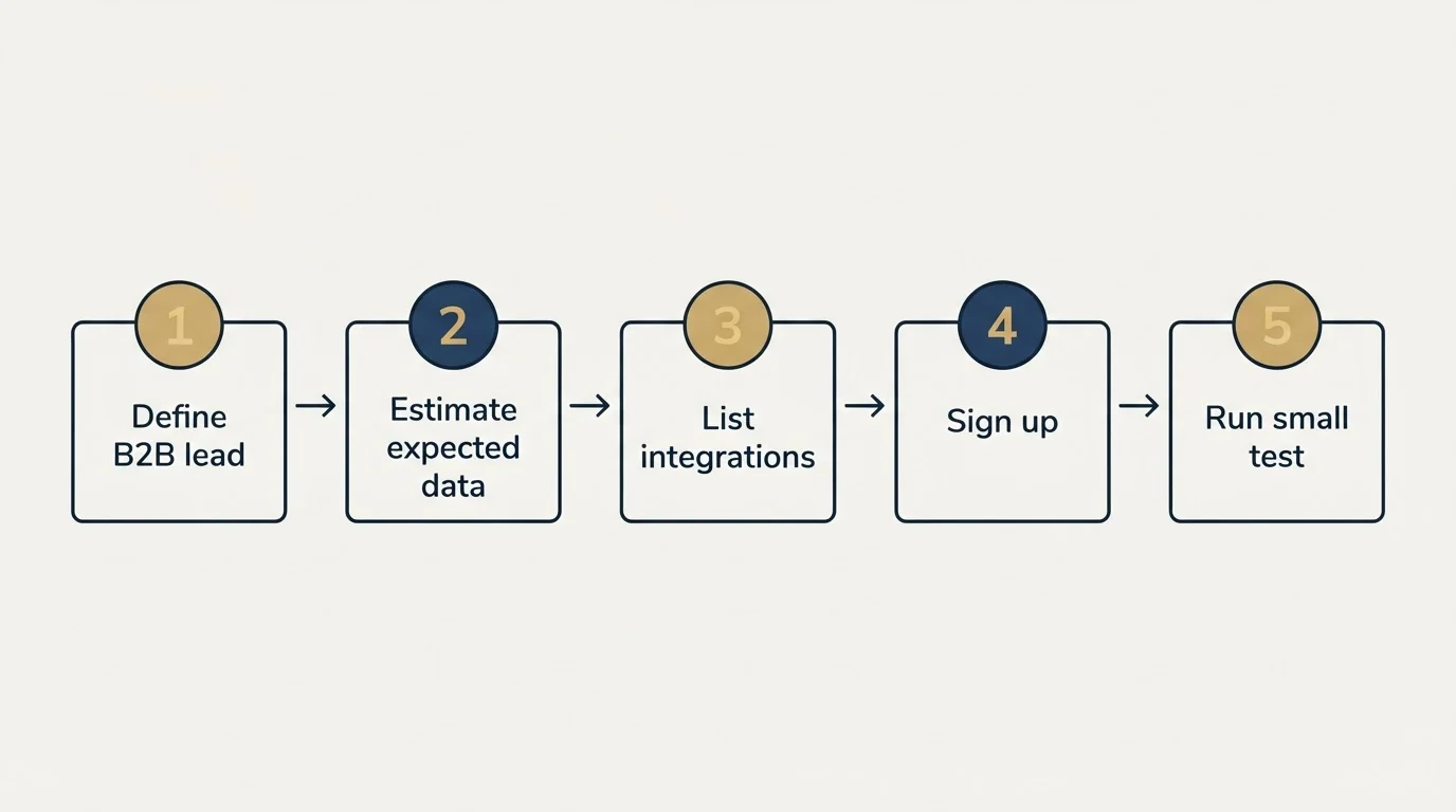 Step sequence: Getting Started Checklist (Define B2B lead, Estimate expected data, List integrations, Sign up)
