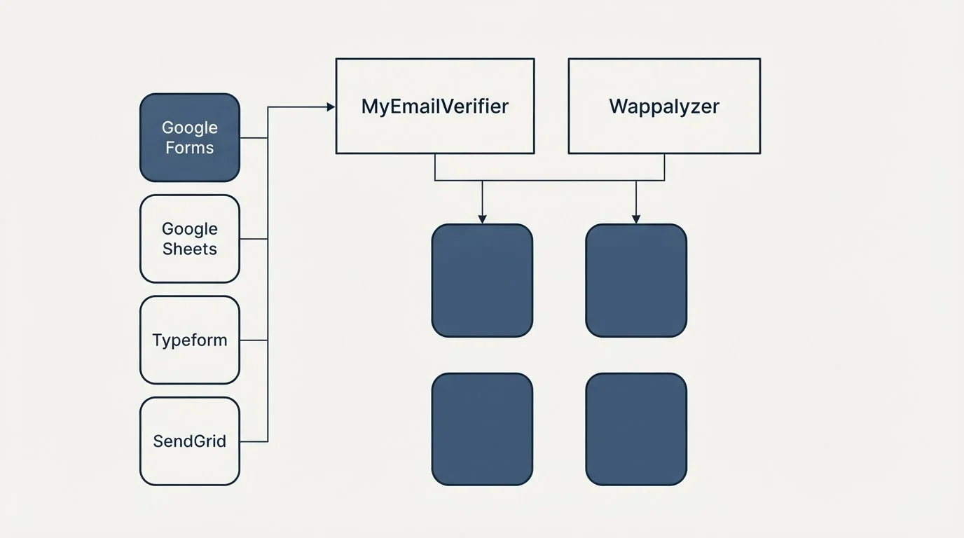 Integration grid: Integration Ecosystem (MyEmailVerifier, Wappalyzer, Google Forms, Google Sheets)