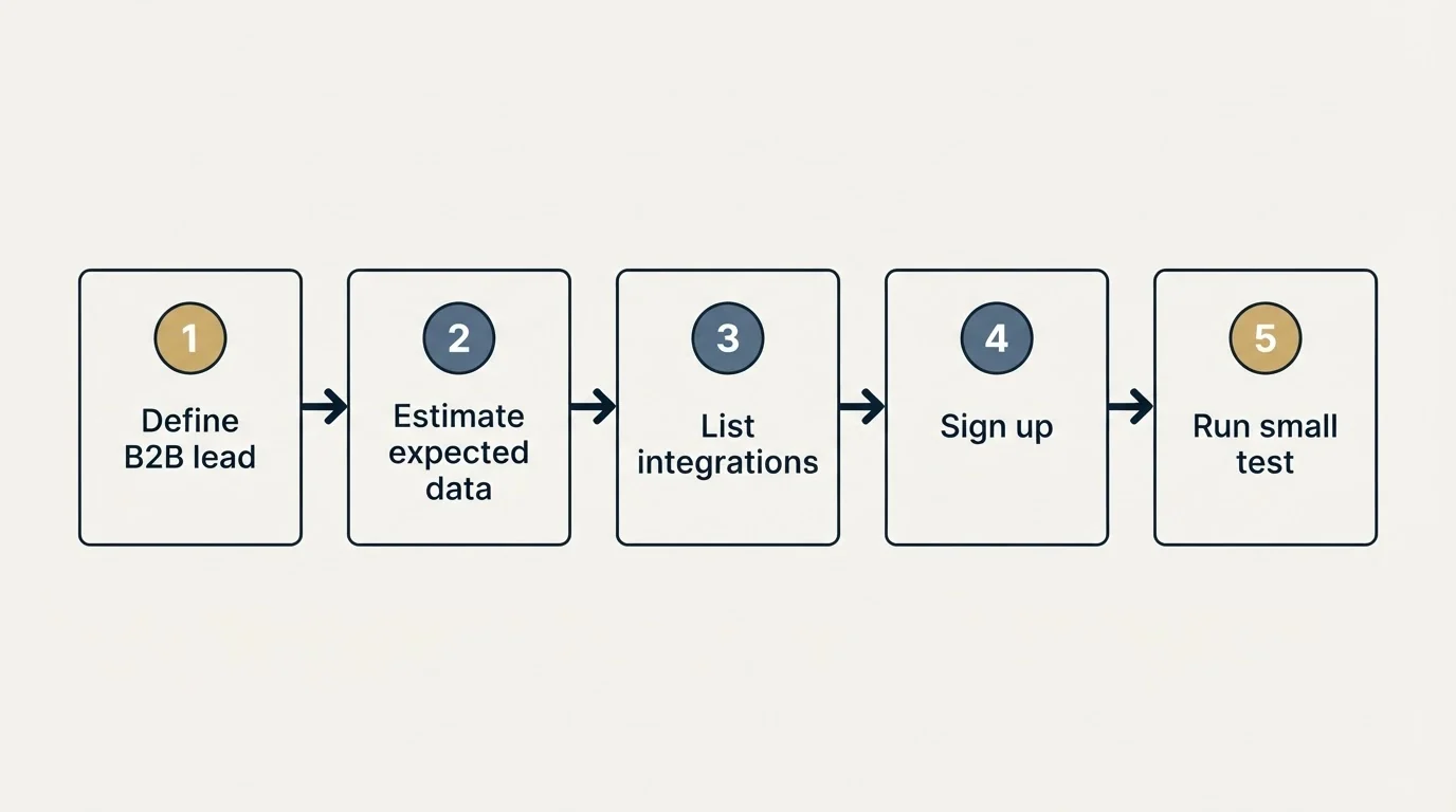 Step sequence: Getting Started Checklist (Define B2B lead, Estimate expected data, List integrations, Sign up)