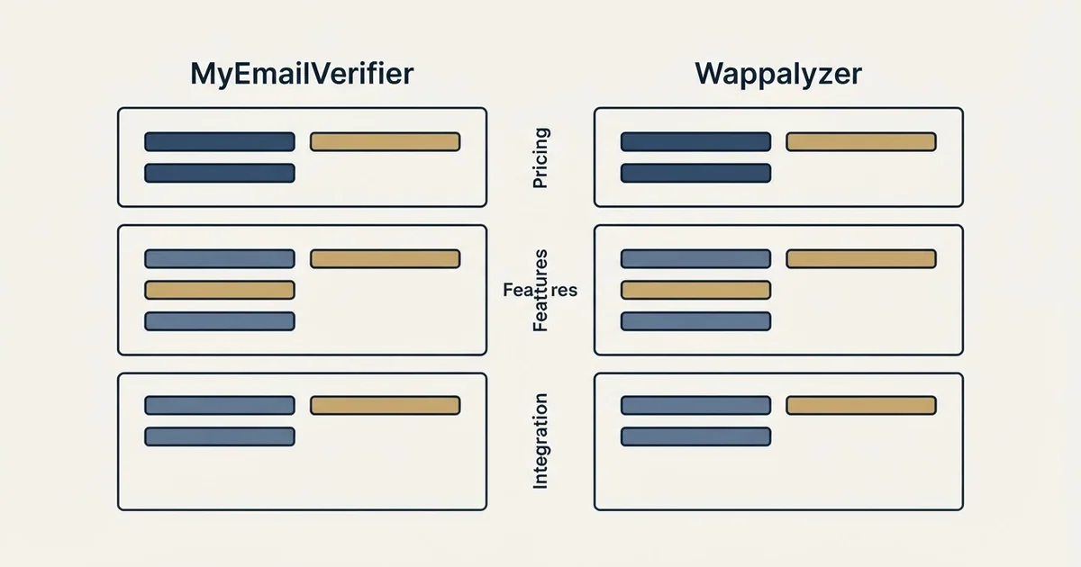 Comparison panel: MyEmailVerifier vs Wappalyzer (Pricing, Features, Integration)