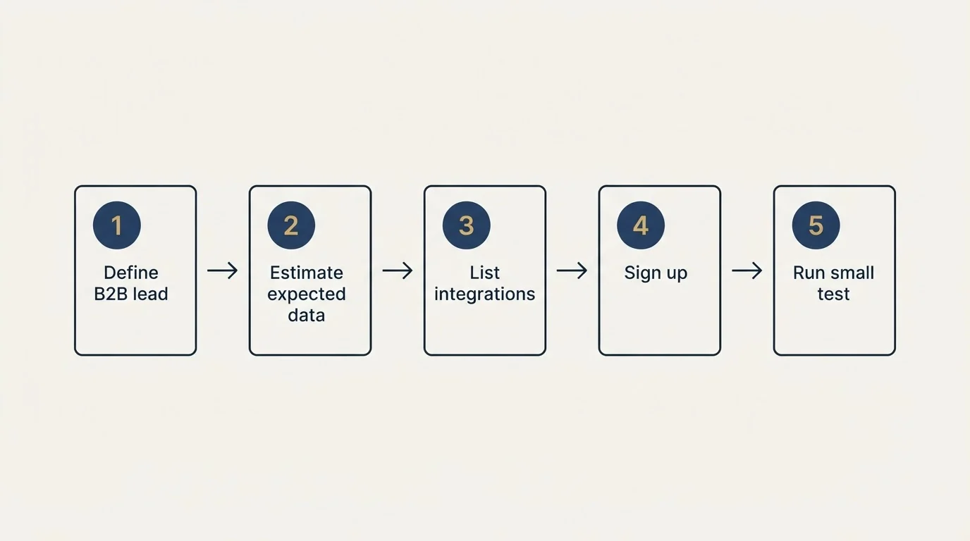 Step sequence: Getting Started Checklist (Define B2B lead, Estimate expected data, List integrations, Sign up)
