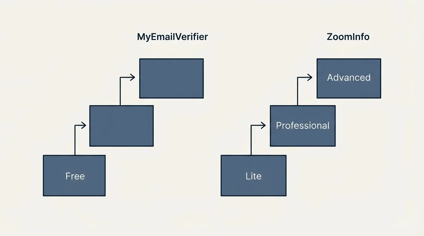 Pricing ladder: Pricing Comparison (MyEmailVerifier, ZoomInfo, Free, Lite)
