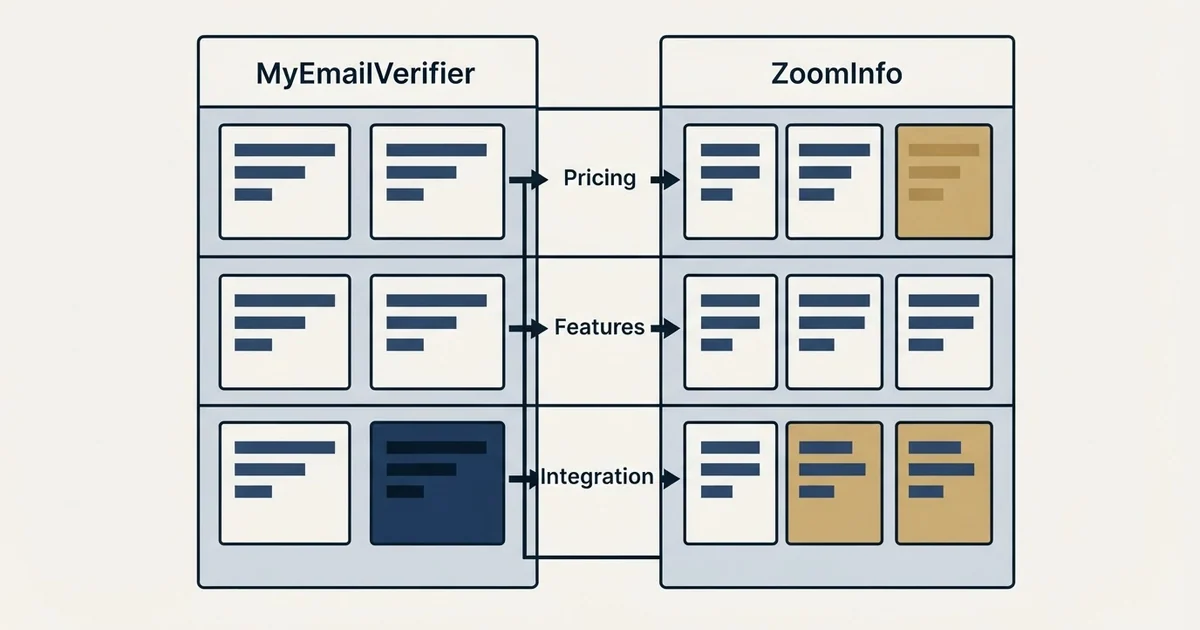 Comparison panel: MyEmailVerifier vs ZoomInfo (Pricing, Features, Integration)