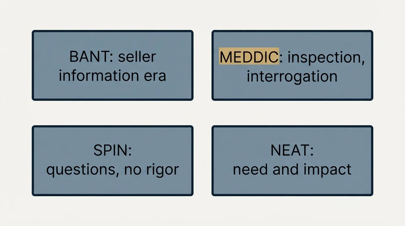 Schematic: Why it matters, and what it was built against (BANT: seller information era, MEDDIC: inspection, interrogation, SPIN: questions, no rigor, NEAT: need and impact)
